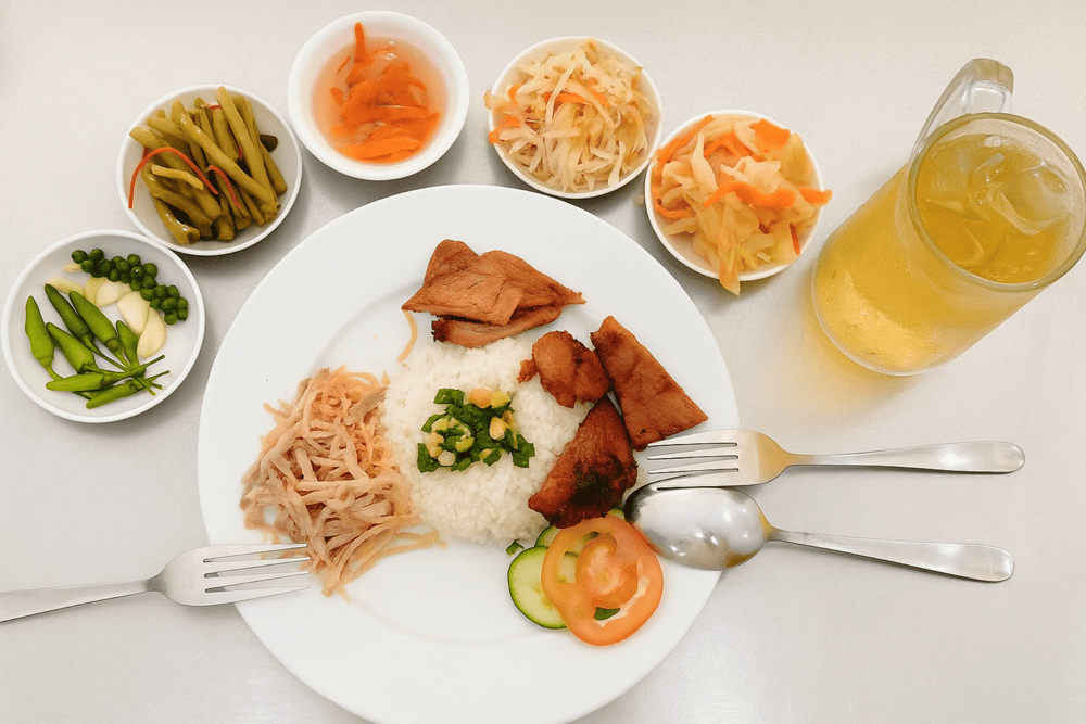 The plate is generous with soft, fragrant rice and a variety of sides that reflect authentic Vietnamese flavors